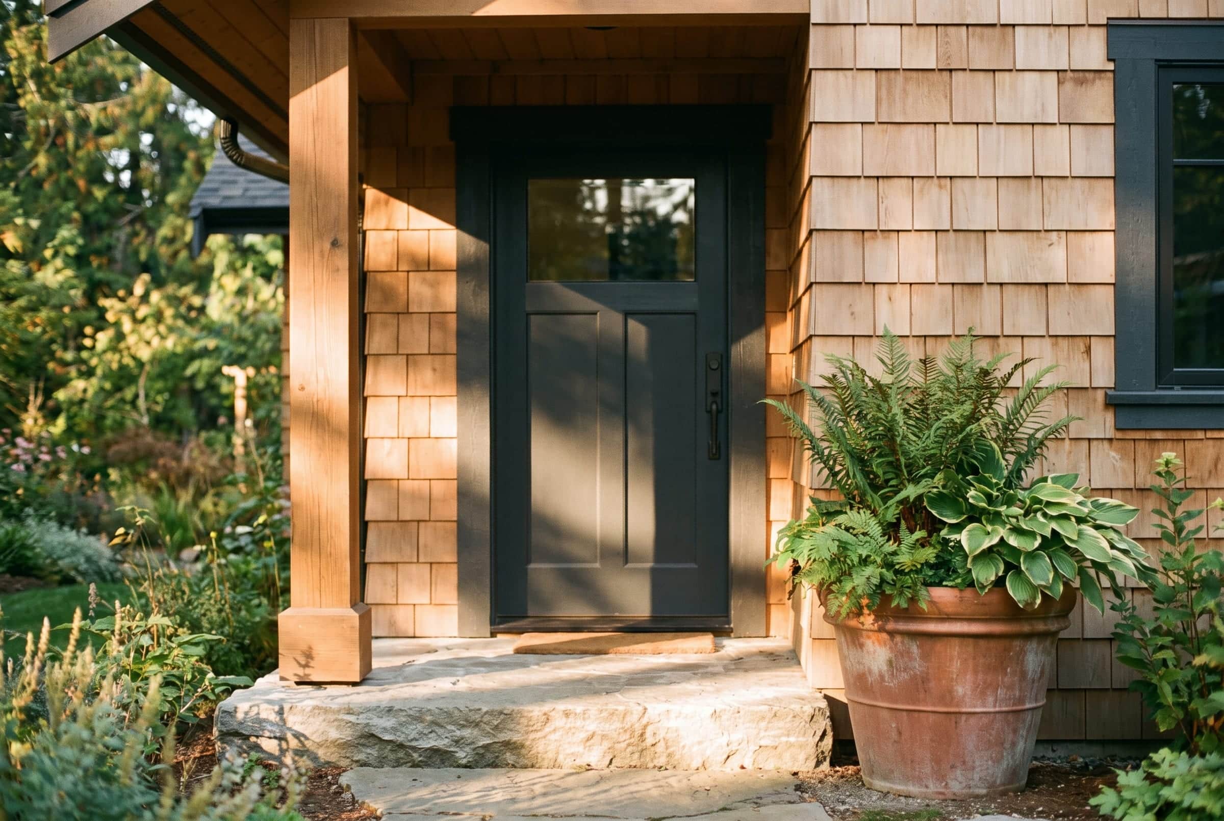 The covered front entrance of a cedar shingled home, a dark painted door catching late afternoon sun, with ferns in a pot beside the step.